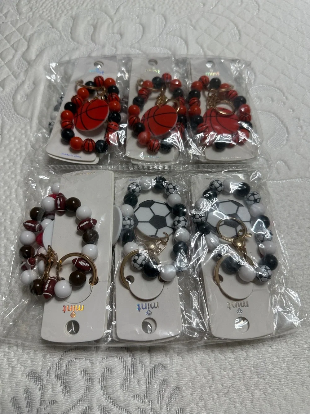 Set of 12 Sports Beaded Keychain Bracelet - Basketball Soccer, Football Baseball